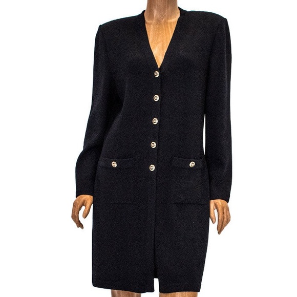 St. John Jackets & Blazers - ST. JOHN BLACK KNIT PEACOAT Gold Button Down Pocket Accents Vintage {$1195} 4